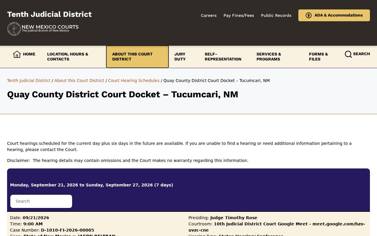 Quay County arrest warrant records, district court contact source
