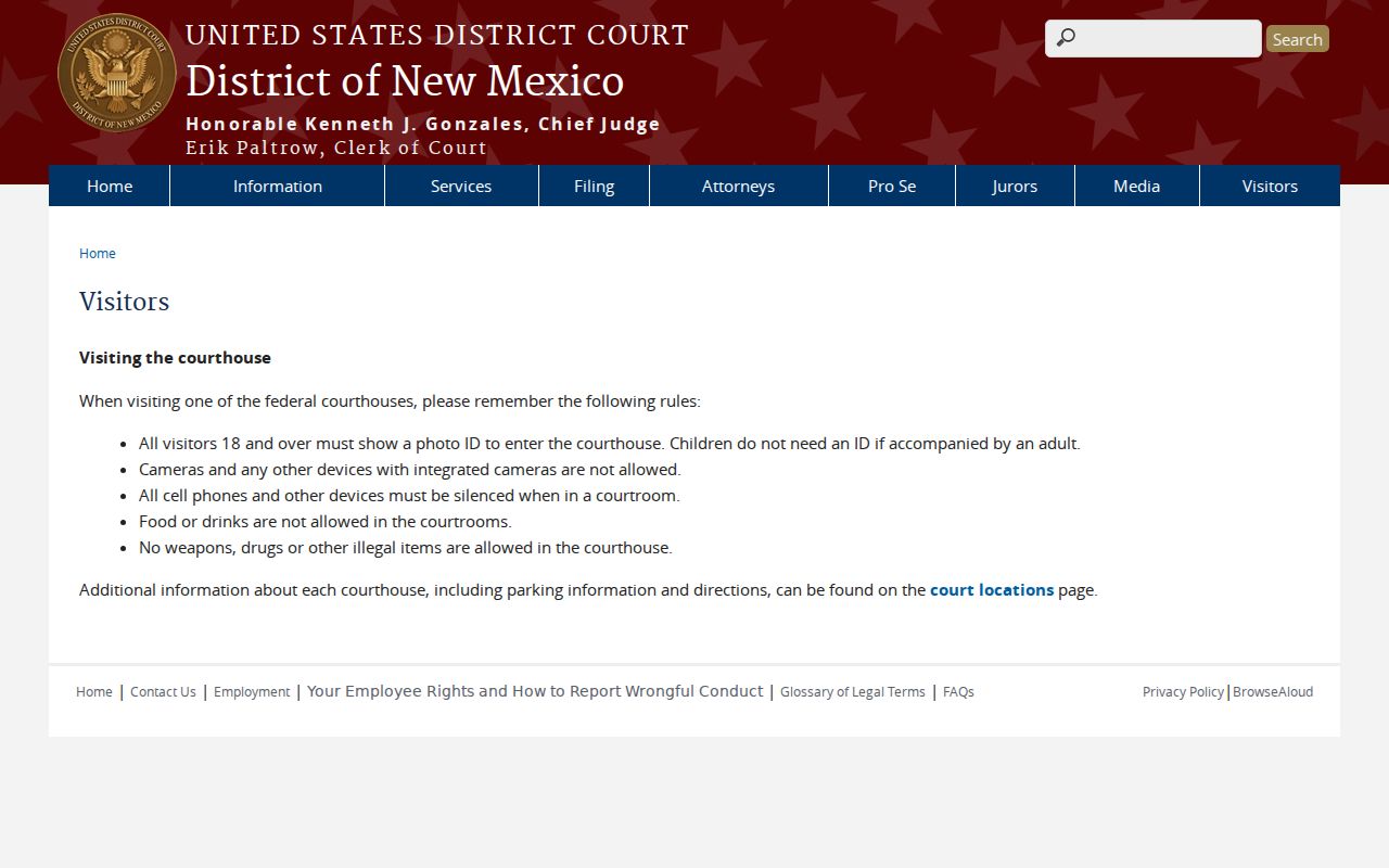 Quay County arrest warrant records, federal courthouse visitor rules