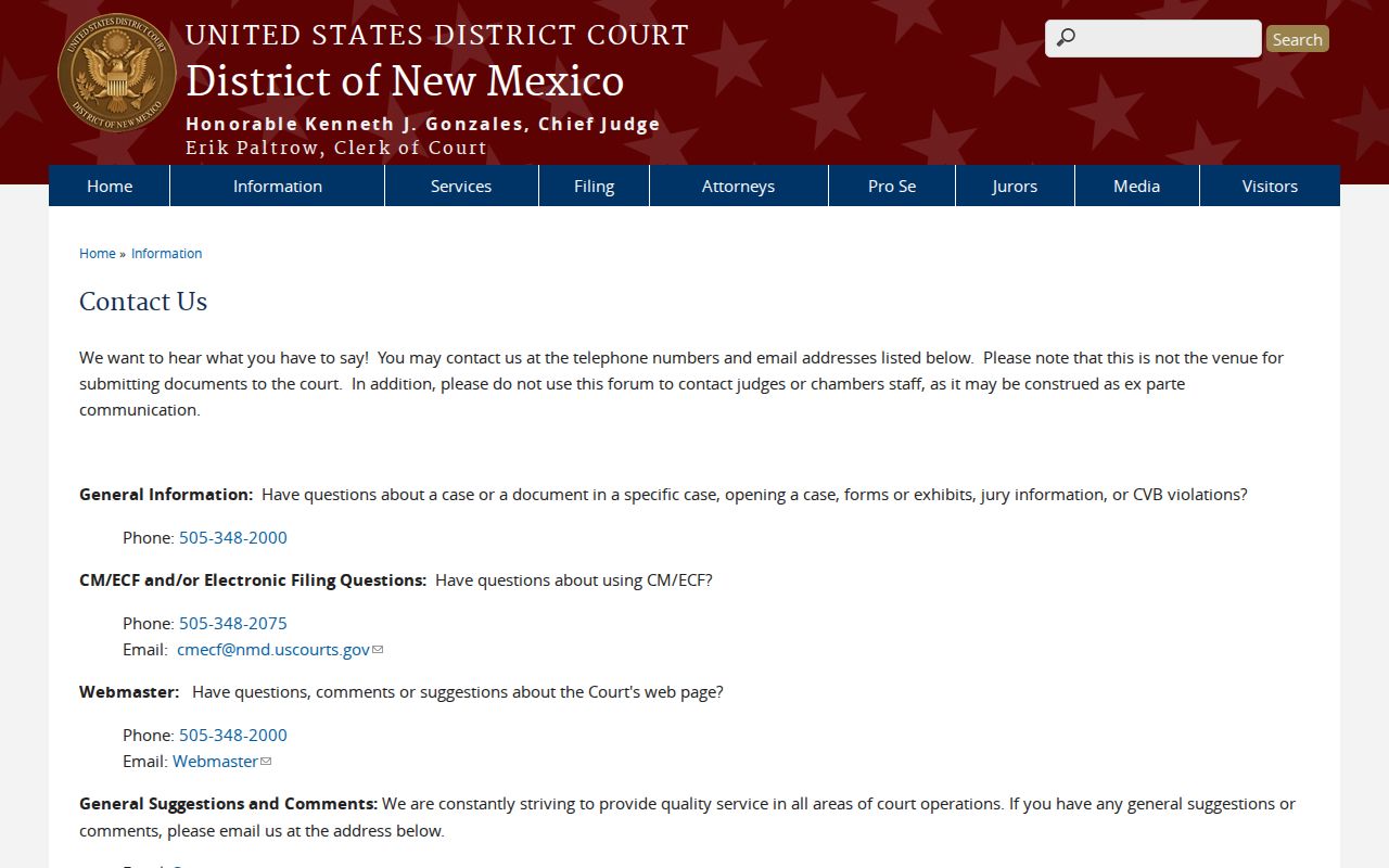 Quay County arrest warrant records, federal court contact page